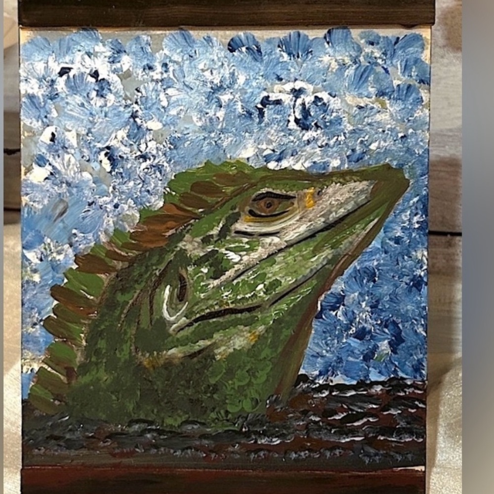 Canvas Painting- Green Iguana wooden framed canvas ready to hang!